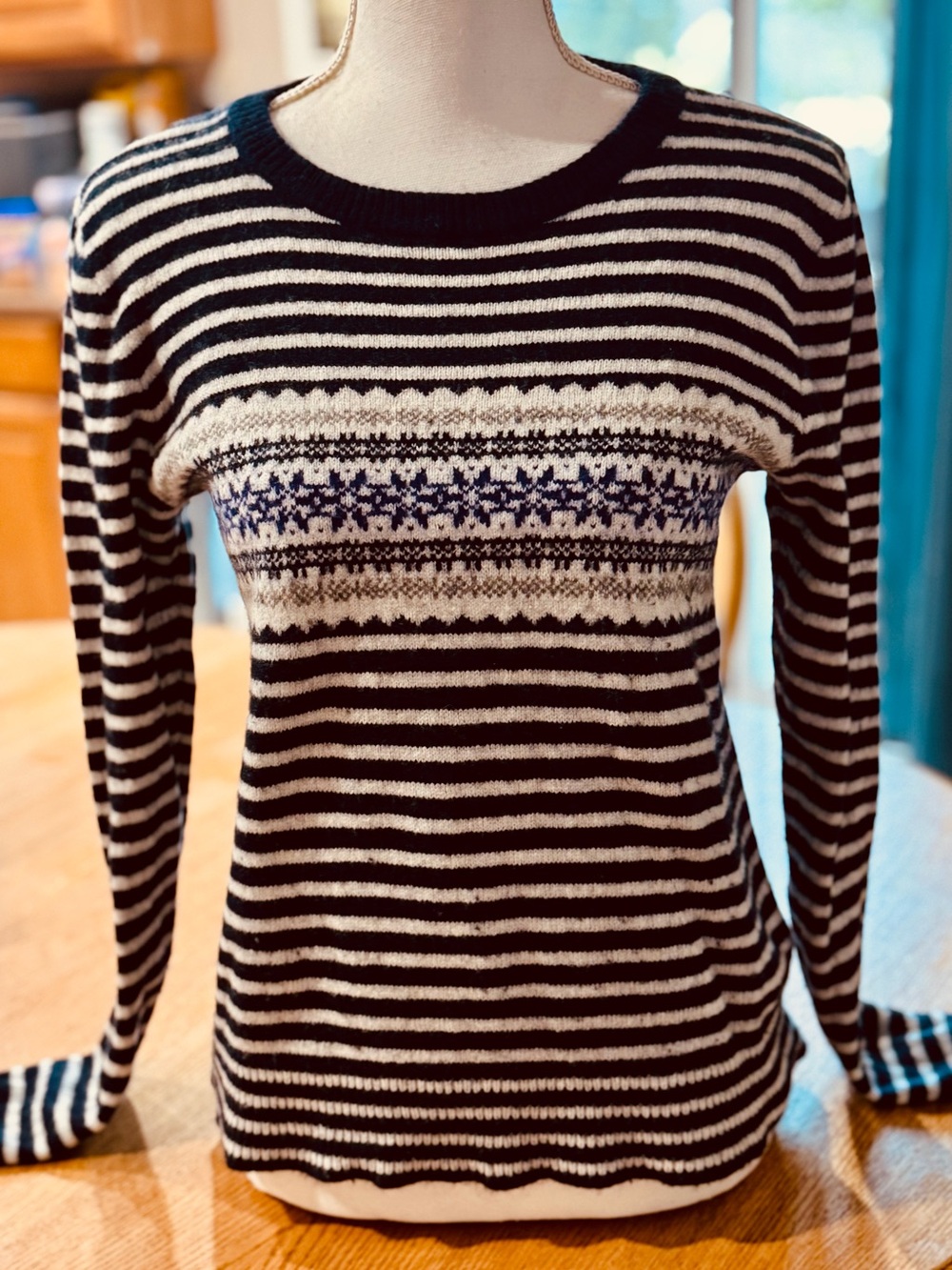 J. Crew Black, Cream & Navy Striped Fair Isle Crewneck Sweater